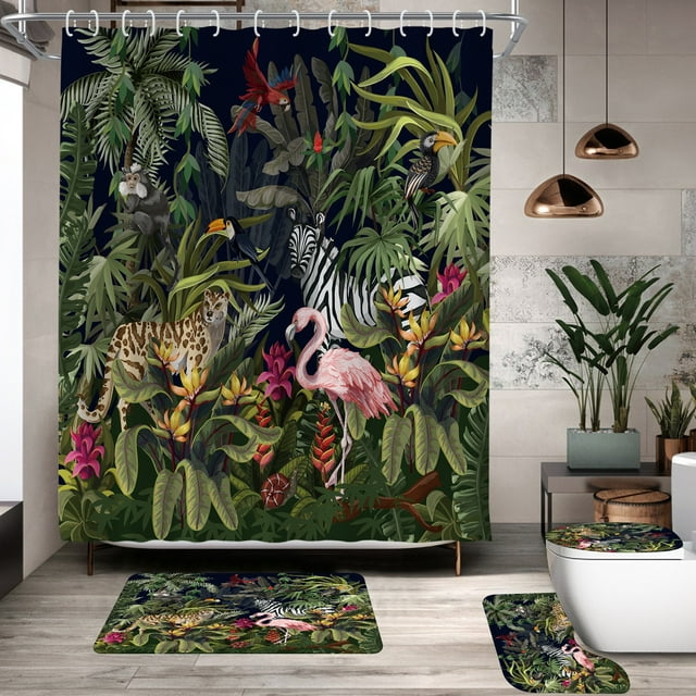 Juego de cortinas de ducha de poliéster exótico con diseño de animales de la jungla con tapete