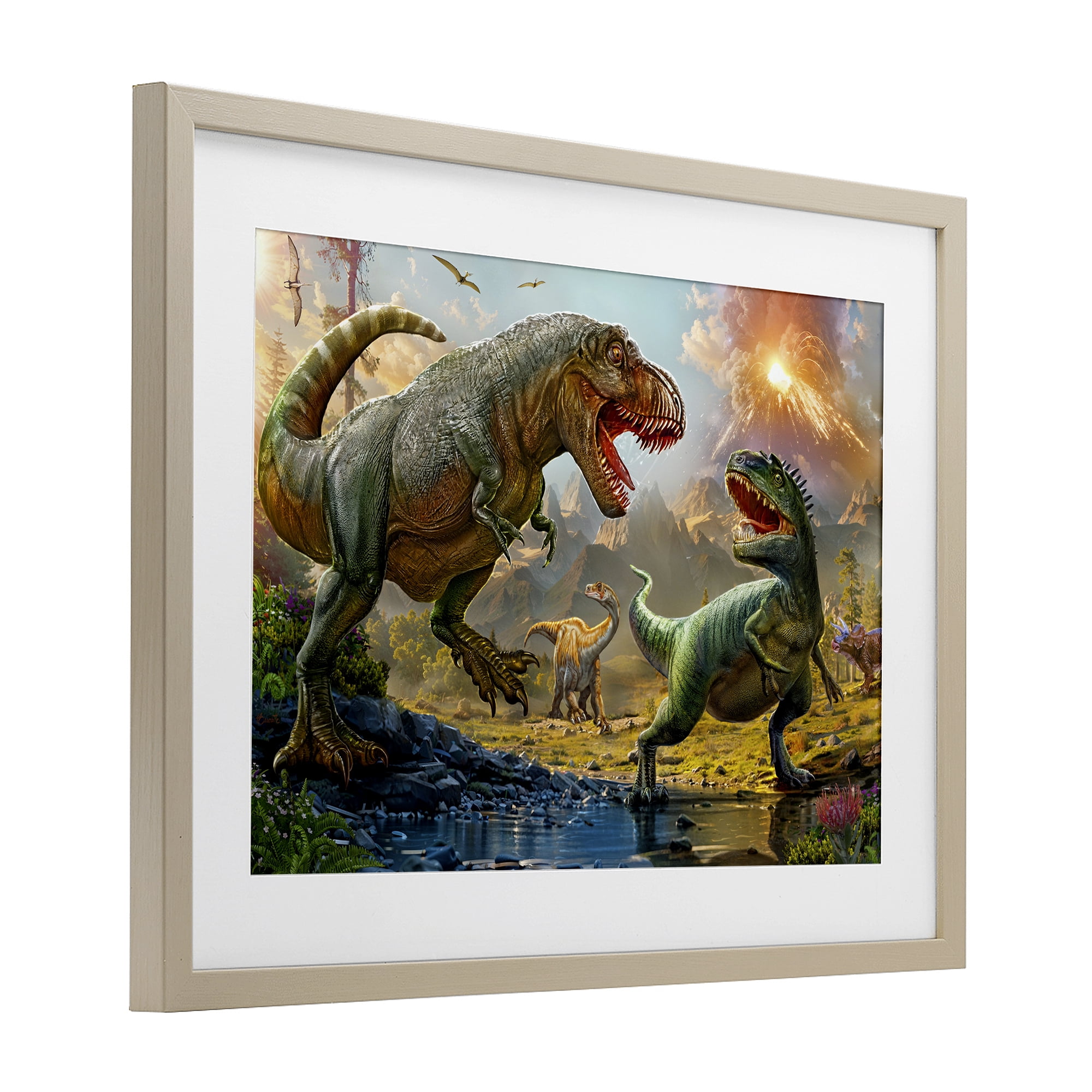 Stupell Industries T-Rex Encounter at Riverbank Birch Framed Print Under Glass, design by Henriette Chinaglia