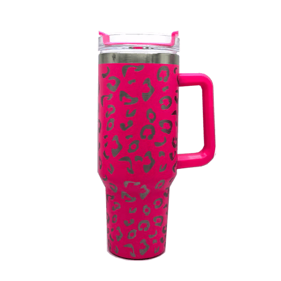 Stainless Steel Large Capacity 40 oz. Vacuum Insulated Cup Leopard Print Tumbler With Handle, Hot Pink Leopard