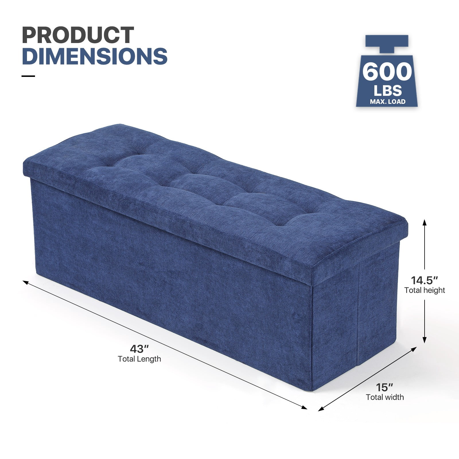 MoNiBloom 43" Collapsible Ottoman with Storage, Cotton-linen Storage Ottoman Bench, Modern Storage Footstool for Living Room Bedroom Entryway, Navy Blue