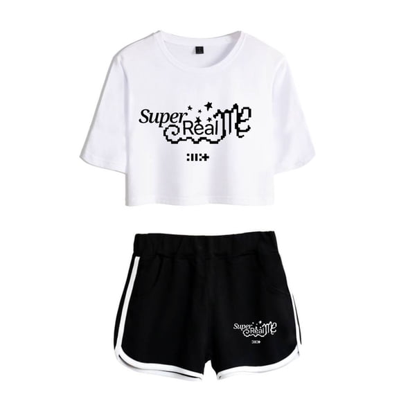 ILLIT merch  Super Real Me  tshirt sets for women midriff-baring fitted crop sets gym sets streetwear short pants