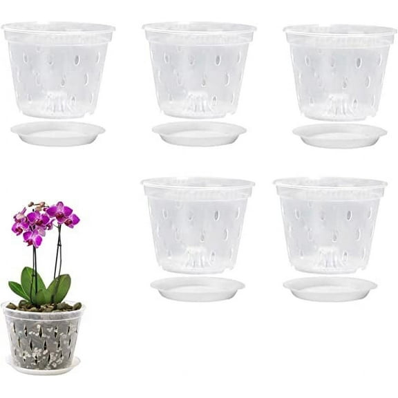 Namzi 5 Pack Orchid Pots, 5 Inch Clear Orchid Pots with Holes & Saucers, Plastics Breathable Slotted Orchid Planter Indoor Outdoor, 100