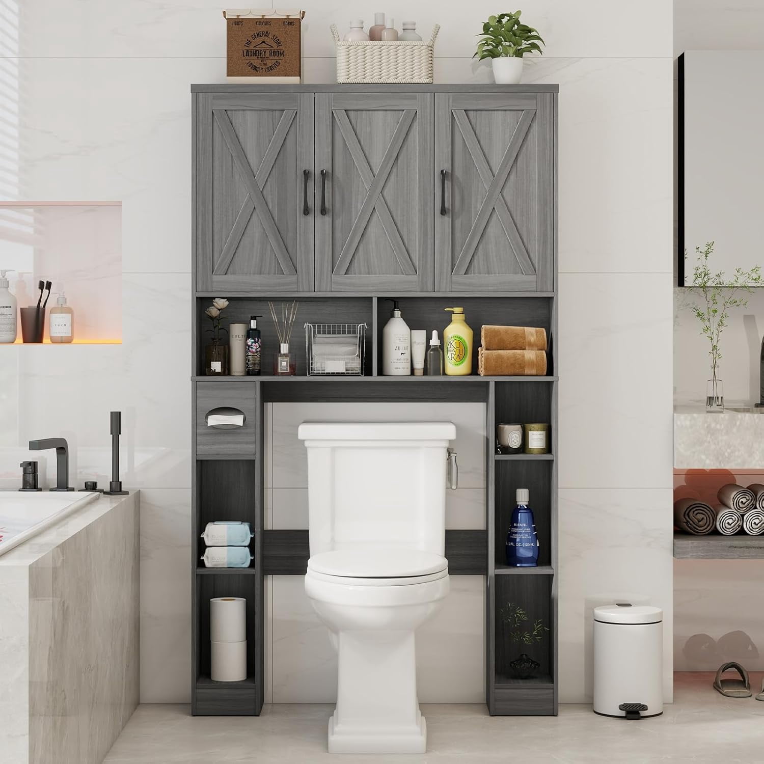 Vabches 67" Over The Toilet Storage Cabinet with Adjustable Shelf and Paper Holder, Freestanding Bathroom Storage Organizer with Open Storage Shelf