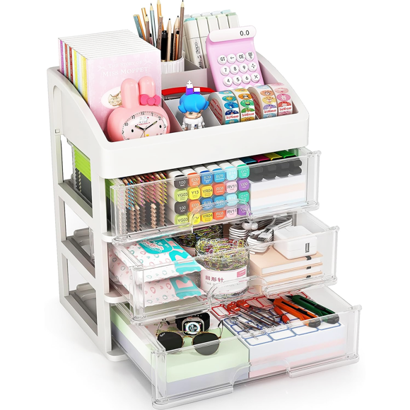 Desk Organizer with Drawers, 2 or 3 Drawers Storage Organizer, Desktop Storage Drawers for Office Supplies, Plastic Stationary Organizer