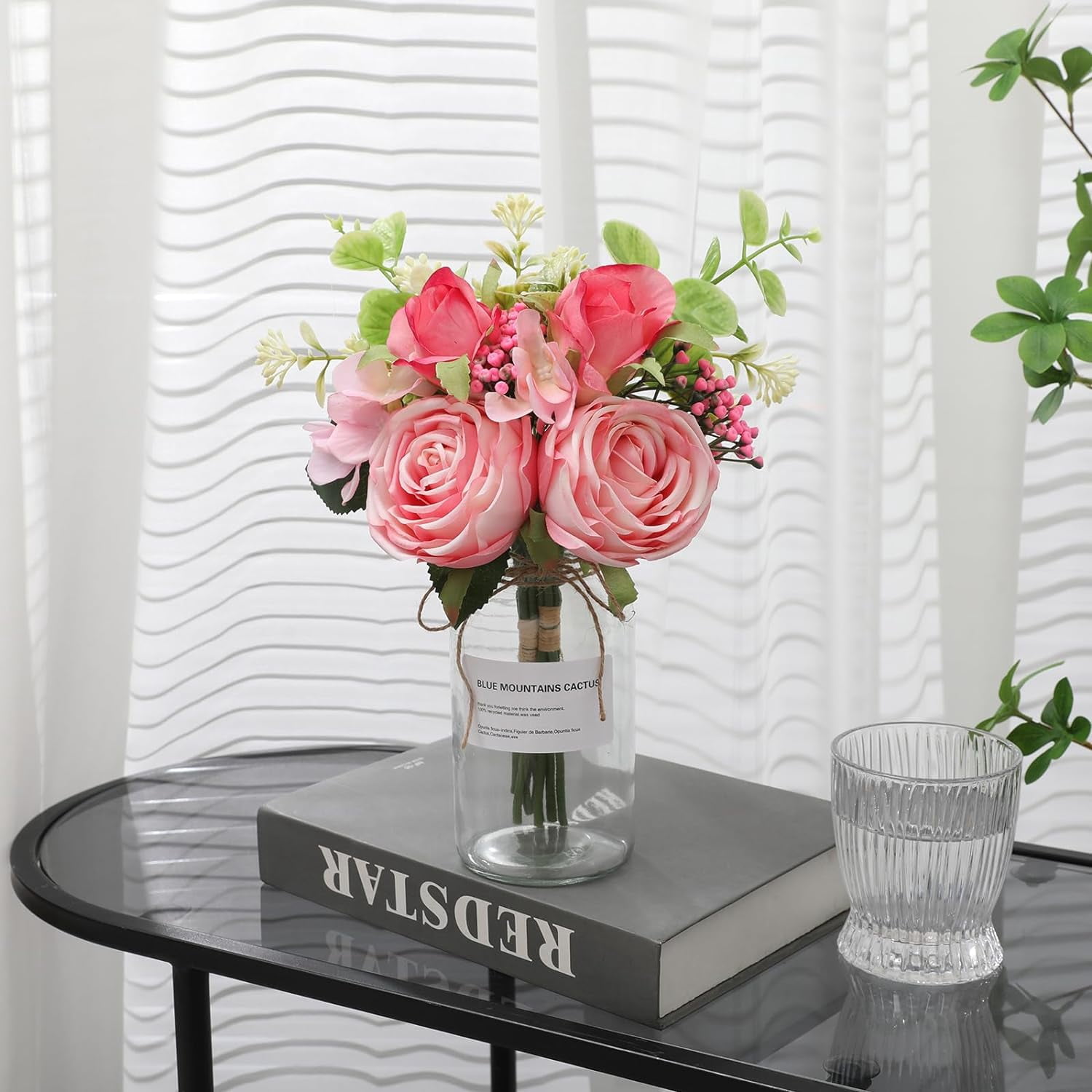 Roses Artificial Flowers in Vase,Realistic Floral Fake Roses Bouquet Silk Flower Arrangement with Vase Faux Roses with Stems for Table Centerpieces Home Office Kitchen Decor (Green)