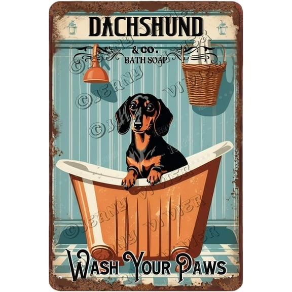 Dachshund Decor Wash Your Paws Dog Art Retro Aluminum Sign 12x8 IN Metal Tin Sign Funny Bathroom Wall Decor Dog Gifts Dachshund Dog Signs Antique Wall Decor for Office