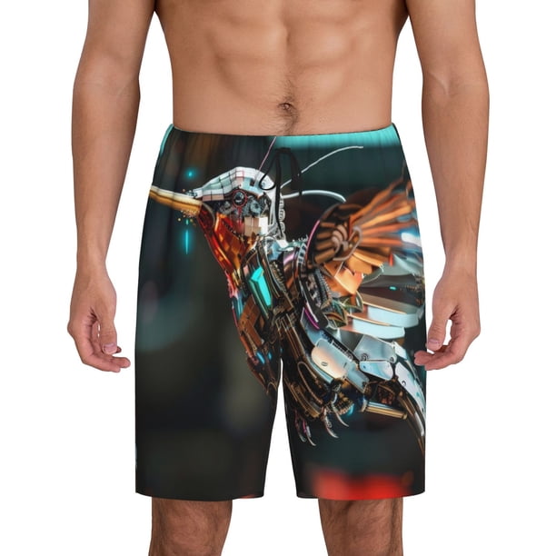 Fotbe Futuristic Robot Hummingbird Pantalones Cortos de Pijama para Hombre, Ropa de Dormir, Pantalones de Pijama Cortos para Hombre-Small
