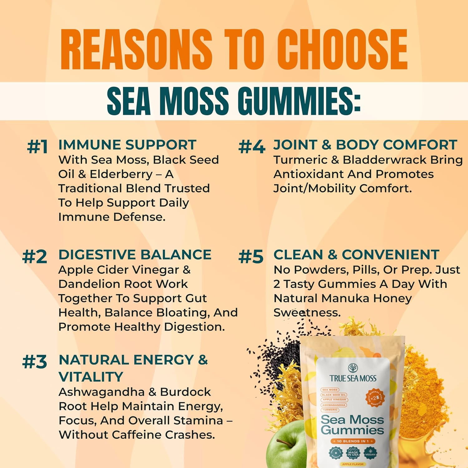 Sea Moss & Apple Cider Vinegar Gummies – 10-In-1 Herbal Formula with Black Seed Oil, Ashwagandha, Turmeric, Bladderwrack, Burdock Root, Dandelion – Natural Apple Flavor – 60 ct – Made in the USA