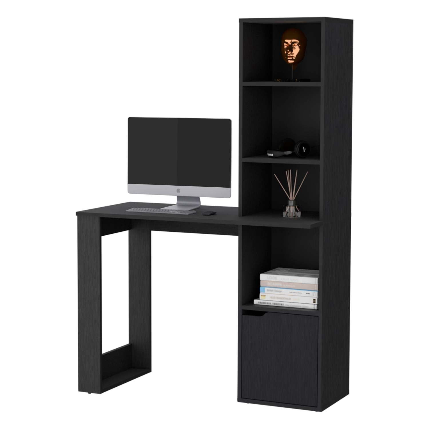 Asteroutdoor Computer Desk with 4-Tier Bookcase and 1-Door Cabinet, Wenge