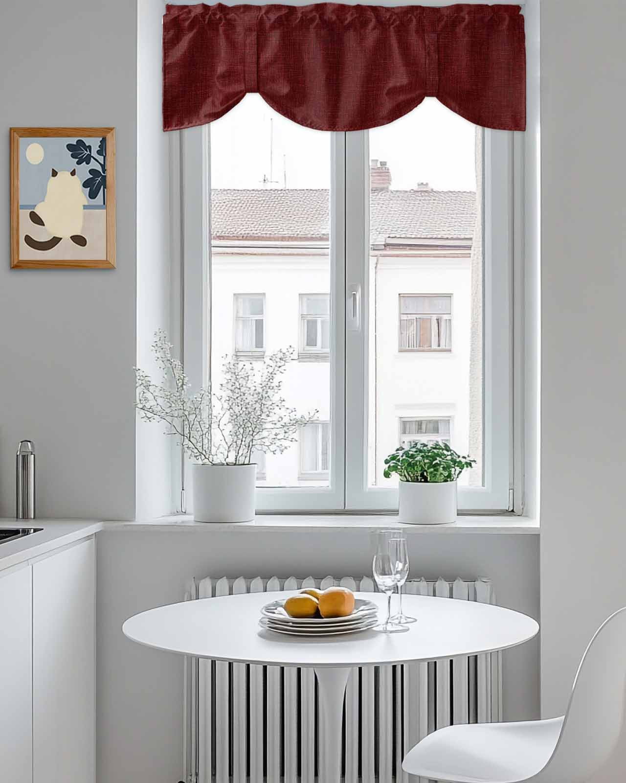Wine Red Linen Tie Up Valances Curtain, Adjustable Kitchen Farmhouse Pure Color Country Farm Valances for Windows Decor, Rod Pocket Short Curtains Set for Bedroom/Bathroom, 54"x18"