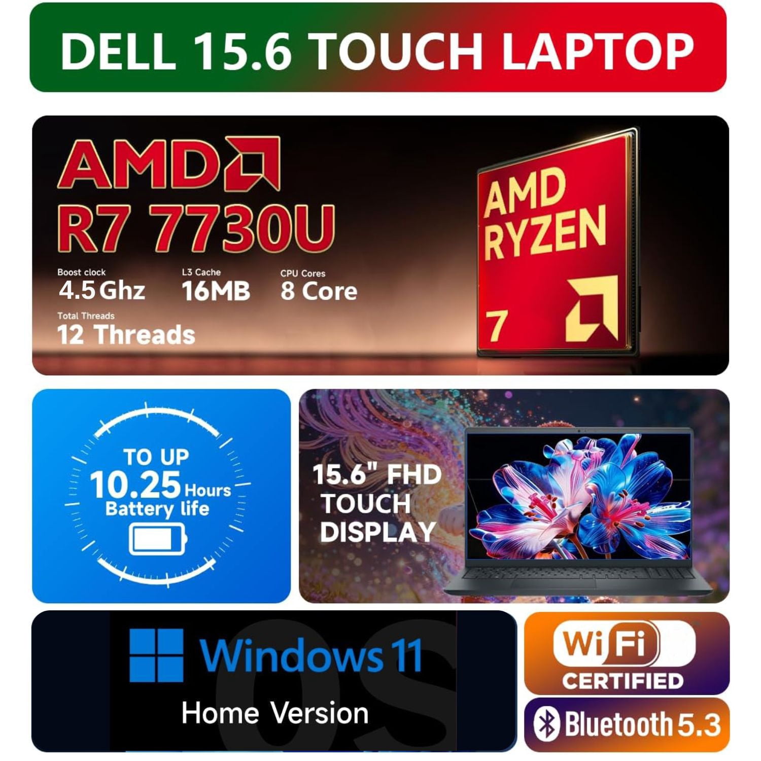 DELL Inspiron 15.6" Touchscreen Laptop, AMD Ryzen 7 7730U, 16GB RAM, 512GB SSD, Windows 11 Home, Black