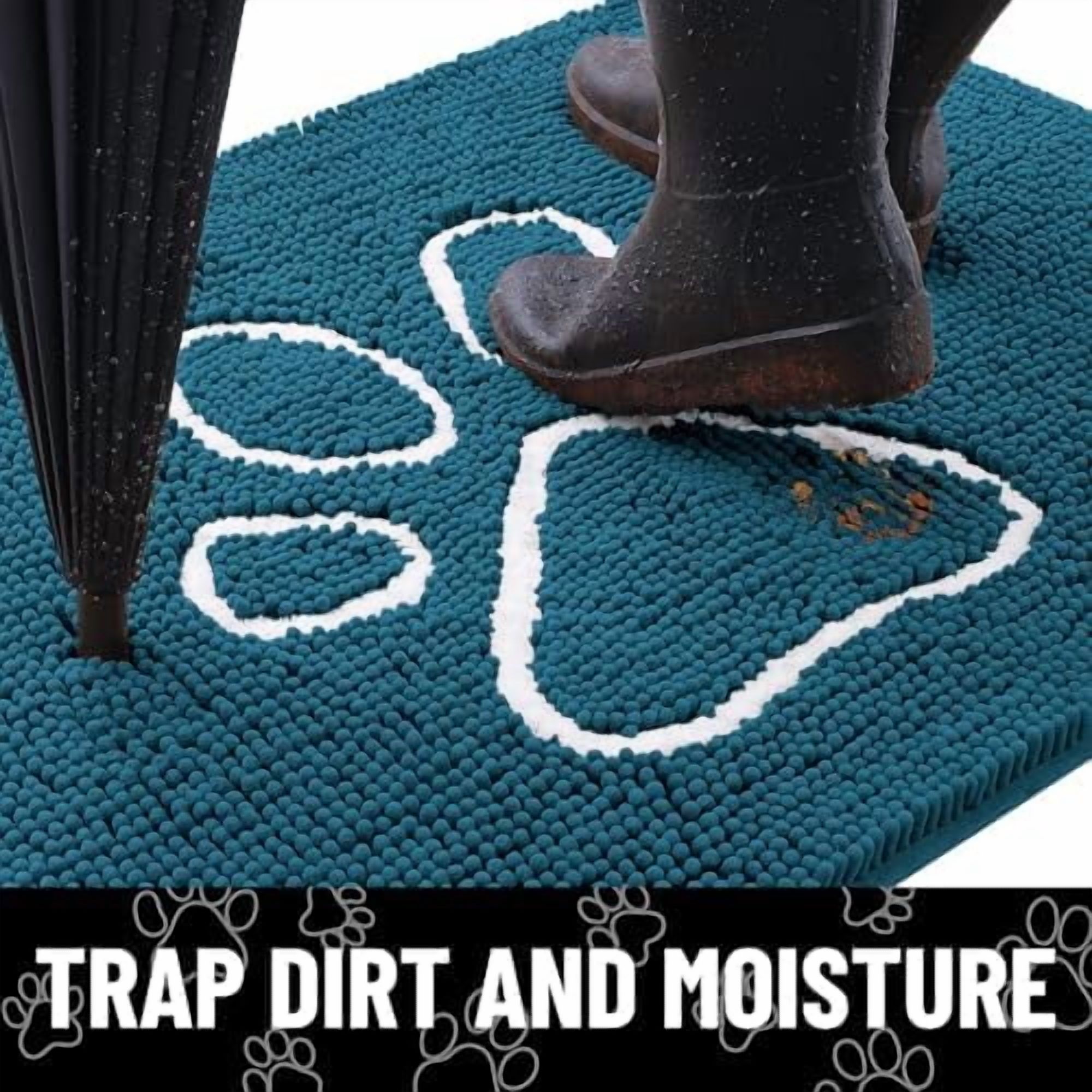 Dog Door Mat for Muddy Paws, Absorbent Dirt Trapper Non Slip Quick Dry Washable Chenille Mat for Mud Dogs, Entry Rug for Indoor and Outdoor (24x16 Inches, Atlantic Blue and White)