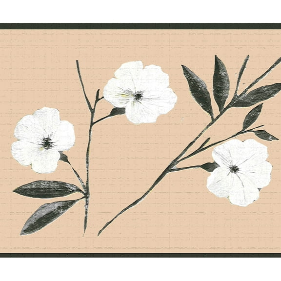 Dundee Deco's Peel and Stick Wallpaper Border - Floral White Black Flowers and Leaves Wall Border Retro Design, 15 ft x 7 in, Self Adhesive