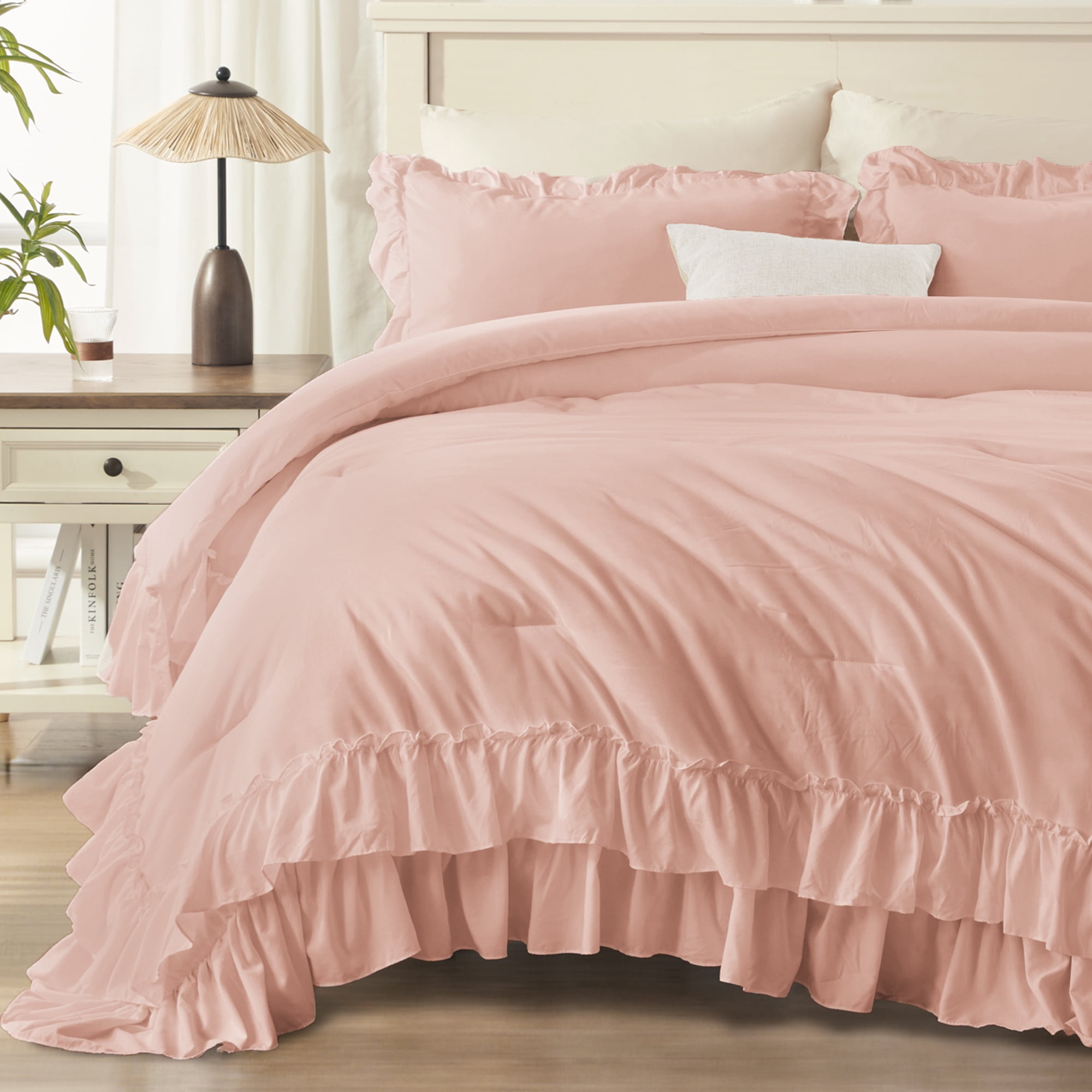 ANGENIA Ruffle Comforter Set Queen Size, 3 Pieces Blush Soft Fluffy Ruffled Bedding Comforter Sets for Queen Bed, Farmhouse Shabby Chic Bed Set for All Season