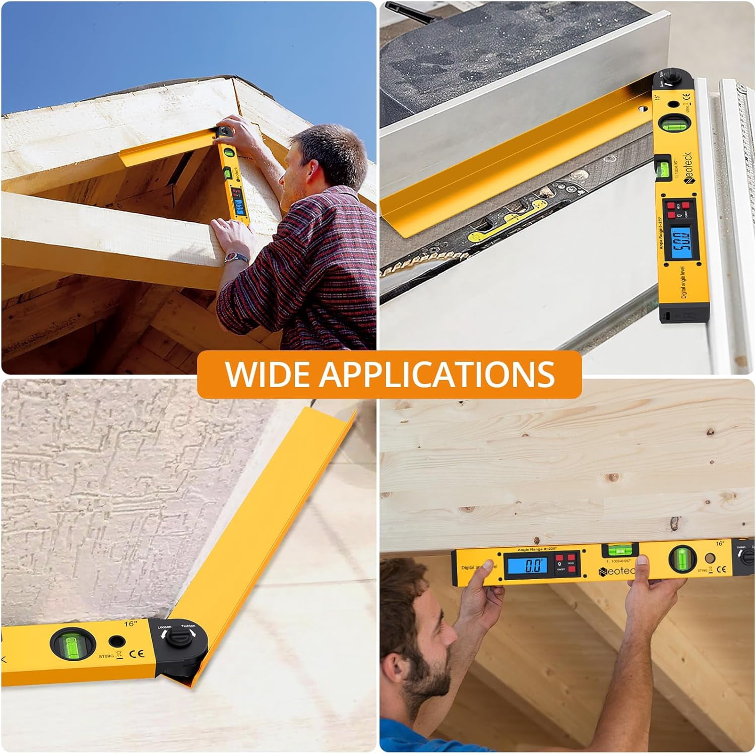 Neoteck 225° 16 inch Digital Angle Finder Aluminum Protractor with LCD Backlight Digital Angle Measuring Tool with Horizontal and Vertical Bubble for Woodworking, Construction, Machinery - Golden
