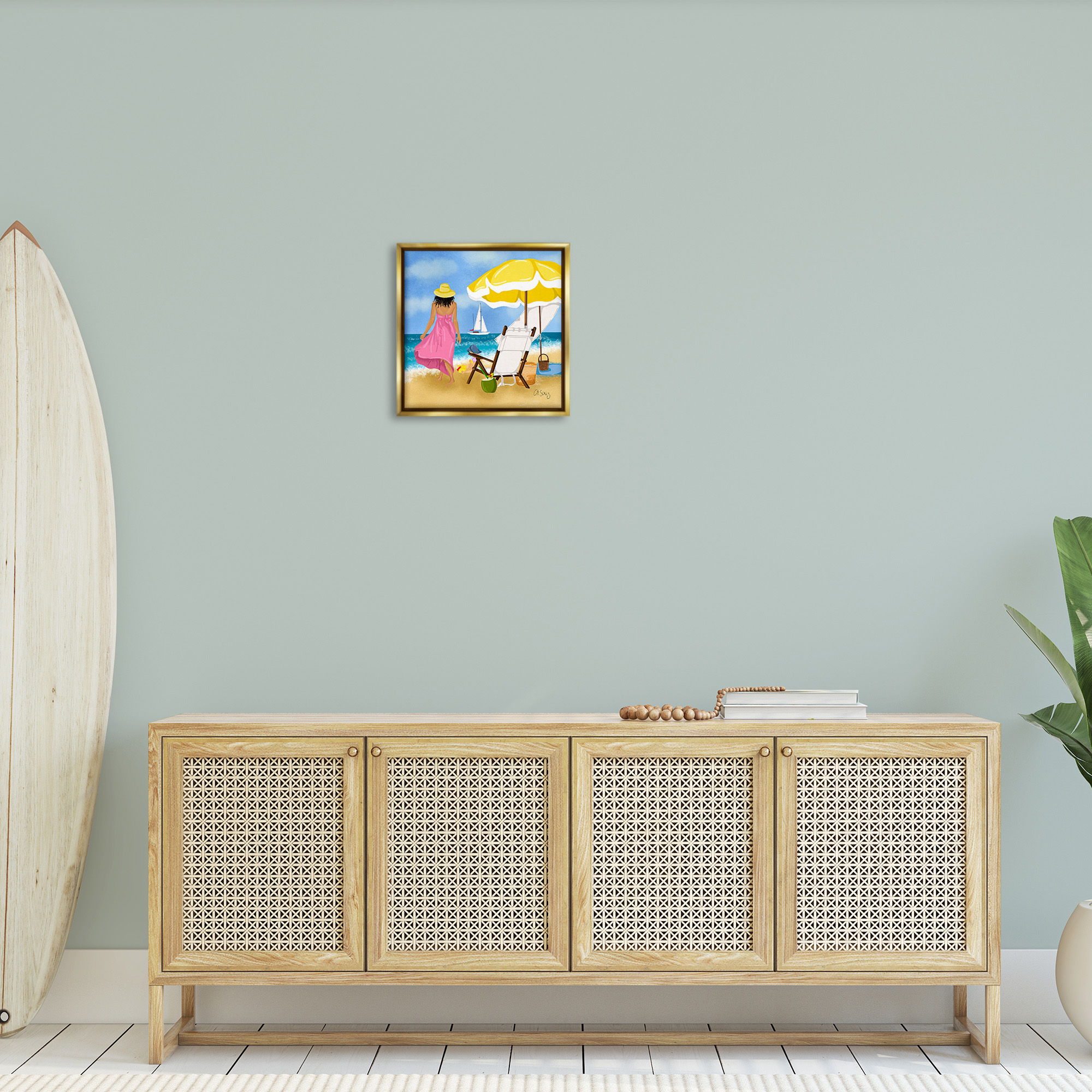 Stupell Industries Woman Strolling Beach Landscape Painting Gold Floater Framed Canvas Art Print Wall Art, 18 x 18
