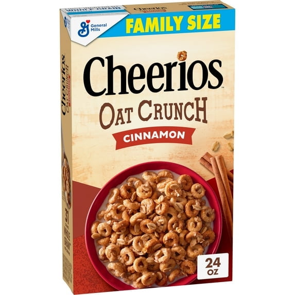 Cheerios Oat Crunch Cinnamon Breakfast Cereal, Made with Whole Grain, Family Size, 24 oz(pack of 2)