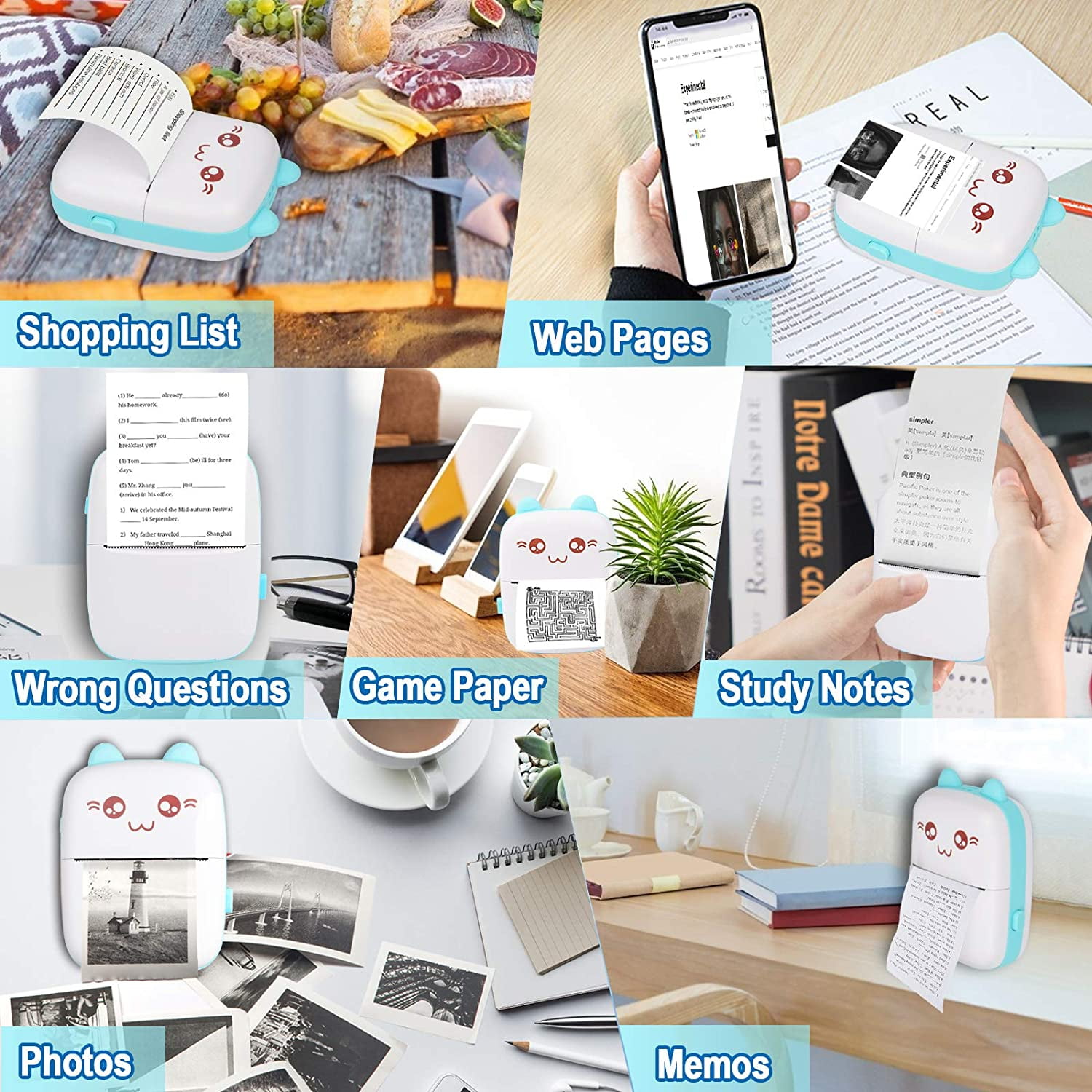 Temmelig at forstå Manøvre Portable Printer, Mini Pocket Wireless Bluetooth Thermal Printers with 6  Rolls Printing Paper for Android iOS Smartphone, BT Inkless Printing Gift  for Label Receipt Photo Notes Study Home Office, Blue - Walmart.com