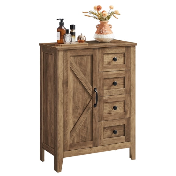 VASAGLE LIRY Collection - Storage Cabinet, Farmhouse Bathroom Floor Cabinet with 4 Drawers, Freestanding Storage Organizer, Barn Door, Adjustable Shelf, Honey Brown