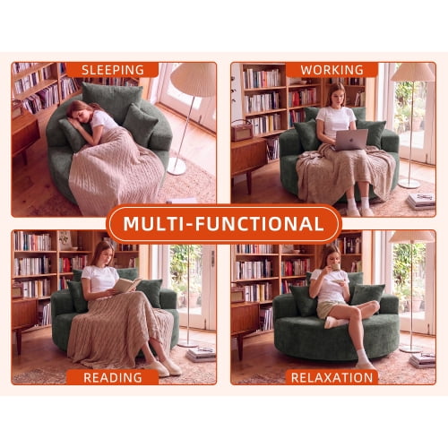 55" Oversized Round Swivel Chair, 360° Rotating Chenille Cotton Blend Accent Chair with High-Density Foam Cushion, Modern Comfy Seating for Living Room, Bedroom, Reading Nook – Green