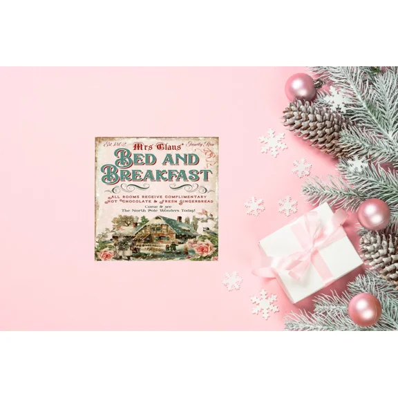 Pink Mrs. Claus Bed And Breakfast Christmas Ornament Wood Mini Sign