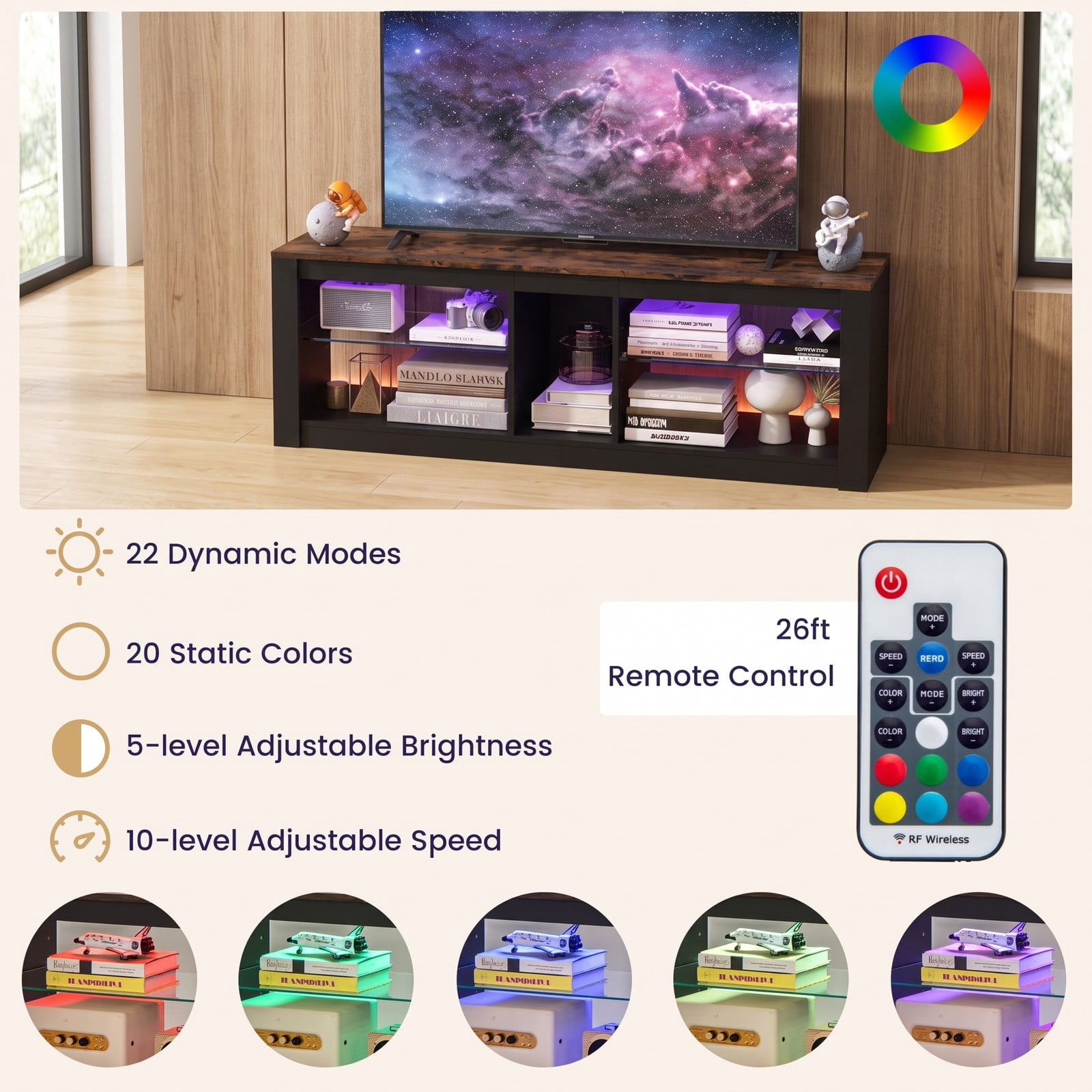 Furnibear Modern LED TV Stand for TVs up to 65 inch, Wood Entertainment Center with Adjustable Tempered Glass Shelves, Cable Management and Open Storage, Brown