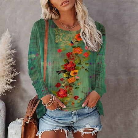

FuChenYu Women Rash Guard Printed Casual Round Neck Fashionable Sun Shirts for Women Uv Protection Sun Protection Clothing Women Green M