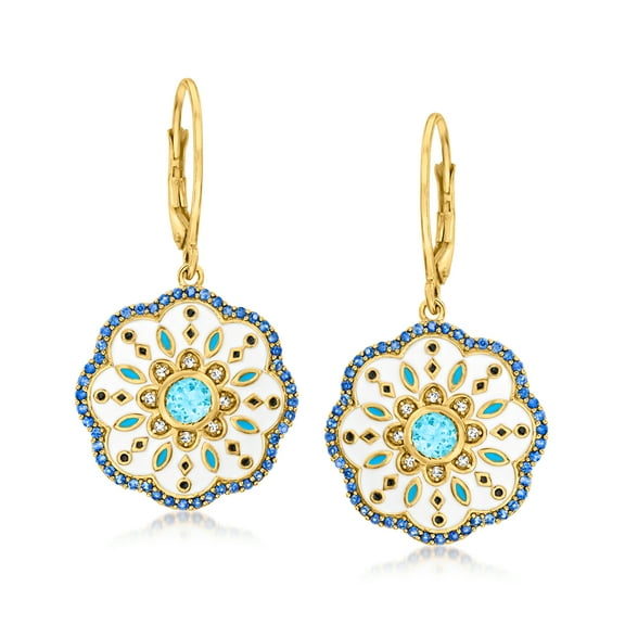 Ross-Simons 1.09 ct. t.w. Multi-Gemstone Drop Earrings With Blue and White Enamel in 18kt Gold Over Sterling, Women's, Adult