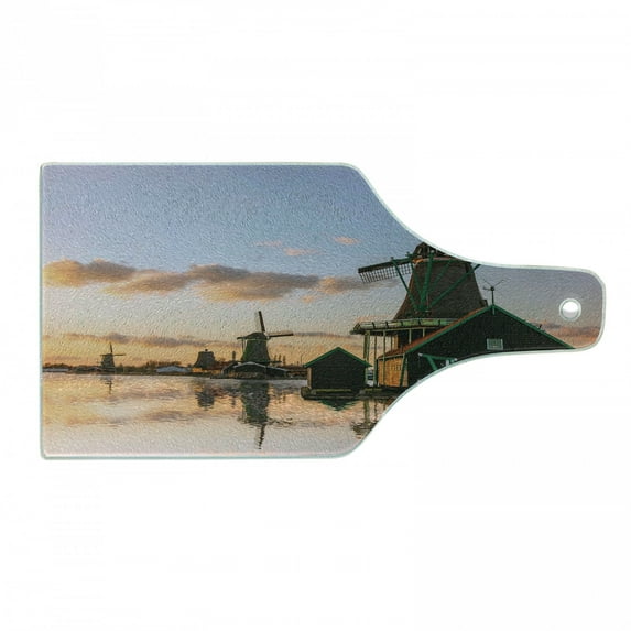 Windmill Cutting Board, Traditional Village with Canal Waterfront Dutch Architecture with Scenic View, Decorative Tempered Glass Cutting and Serving Board, Wine Bottle Shape, Multicolor, by Ambesonne