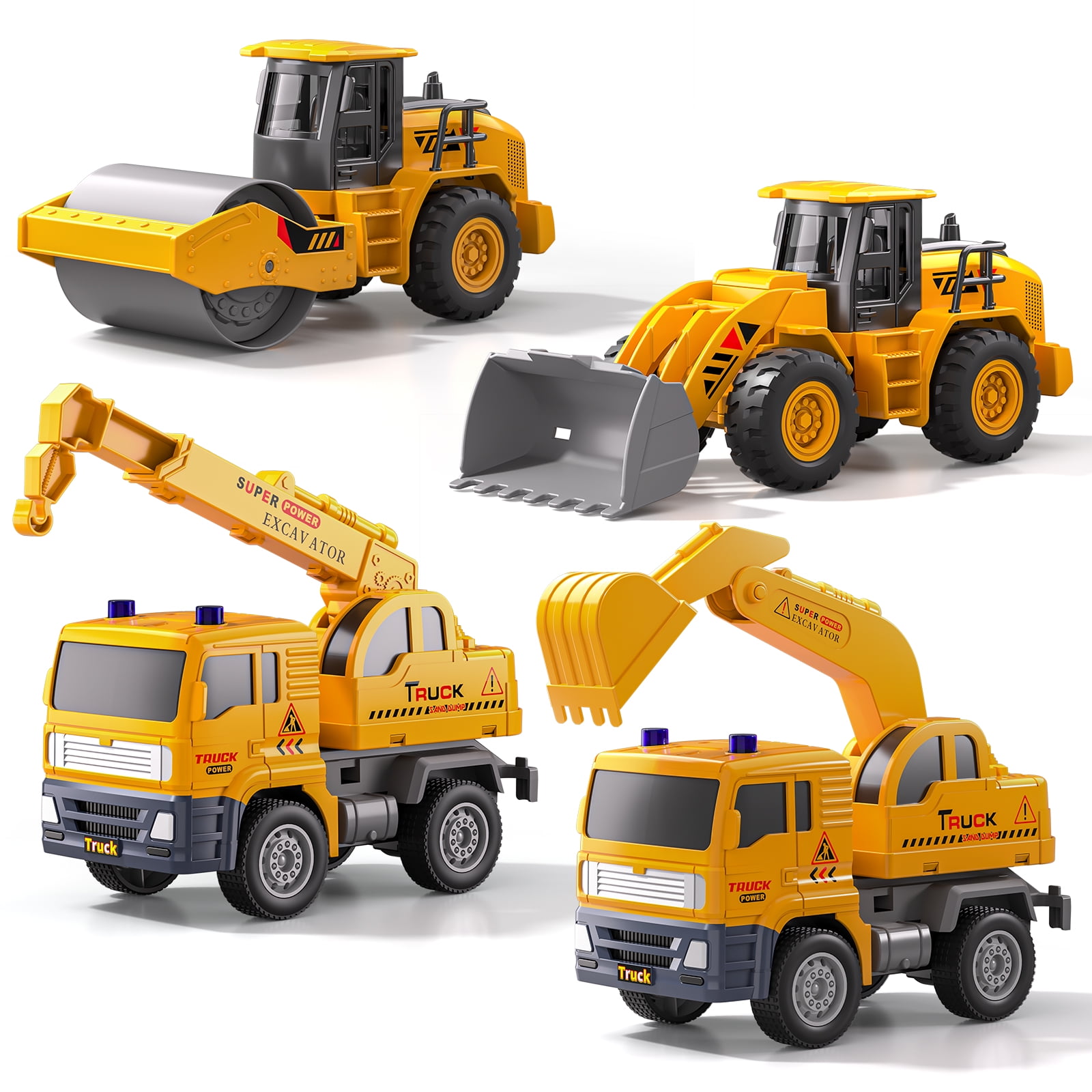 Lucky Doug ConstructionTruck Toy, 4 in 1 Construction Vehicle Toys - Excavators, Cranes, Bulldozer, Road Roller, Truck Toy for 3-6 Years Old Boy