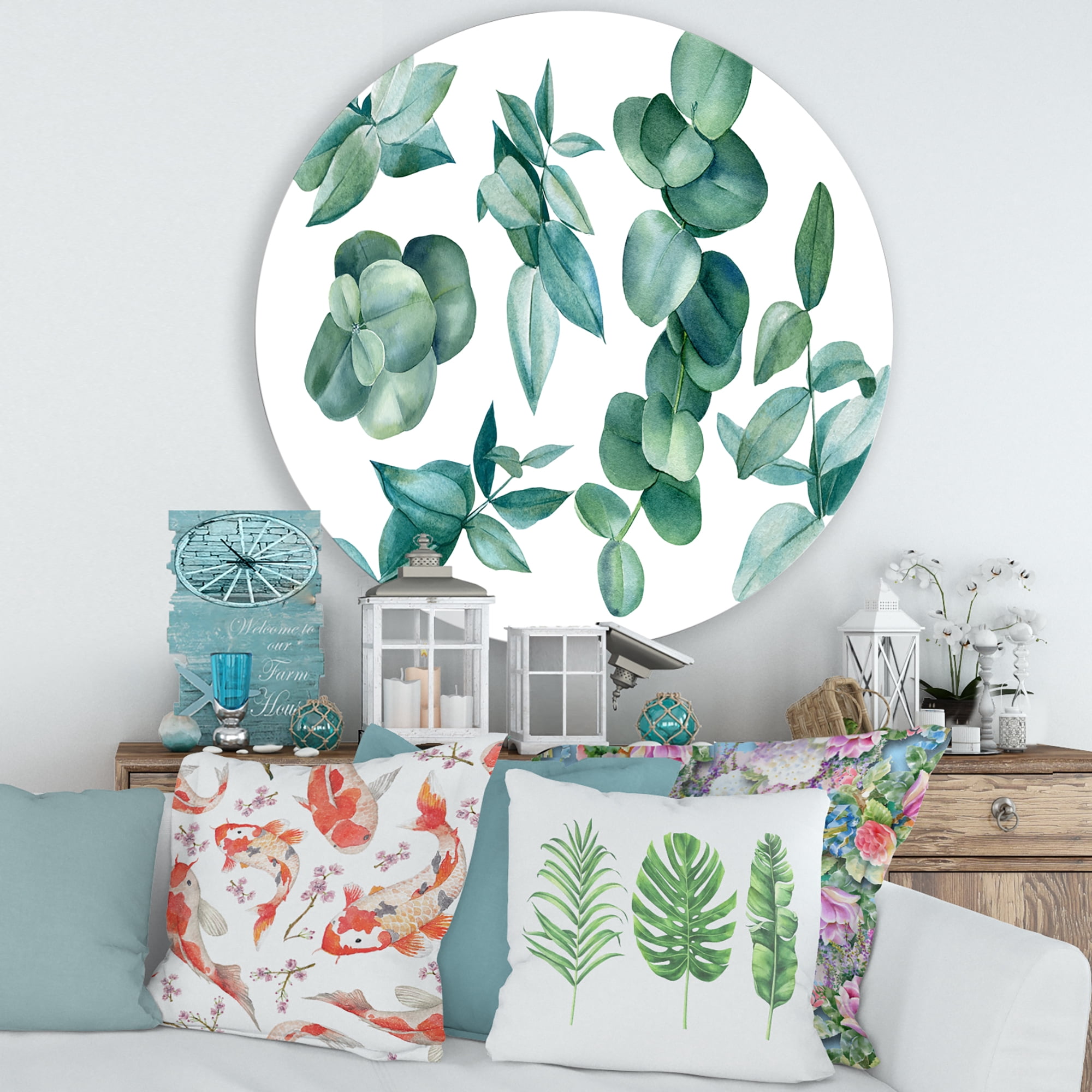 Designart 'Eucalyptus Leaves In Dark Green ' Traditional Circle Metal Wall Art 36x36 - Disc of 36