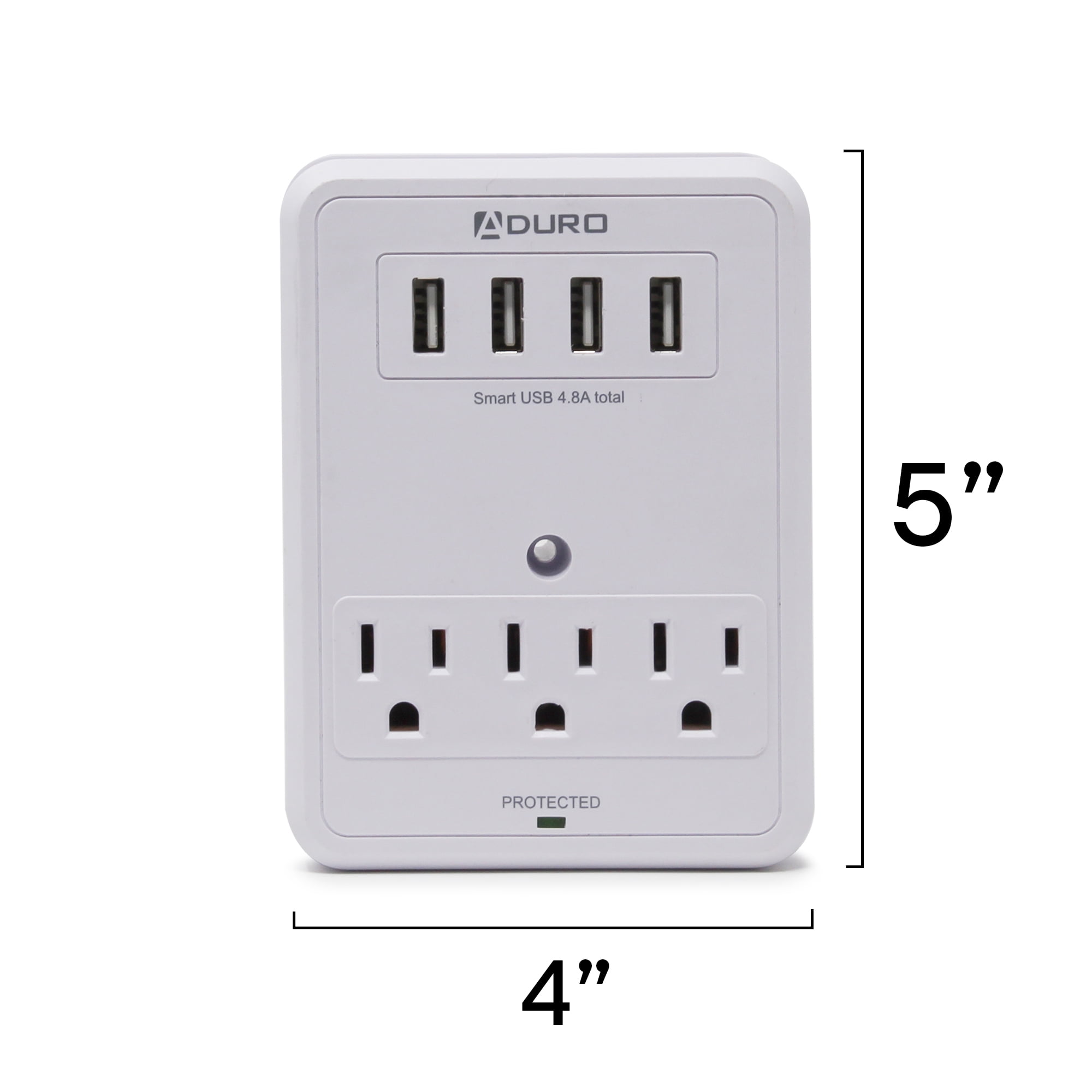 Aduro Surge Protector 3 Outlets Power Strip Station with USB (4 Ports 4.8A) Wall Mount Multiple Outlet Splitter Extender Adapter with Phone Shelf Stand White