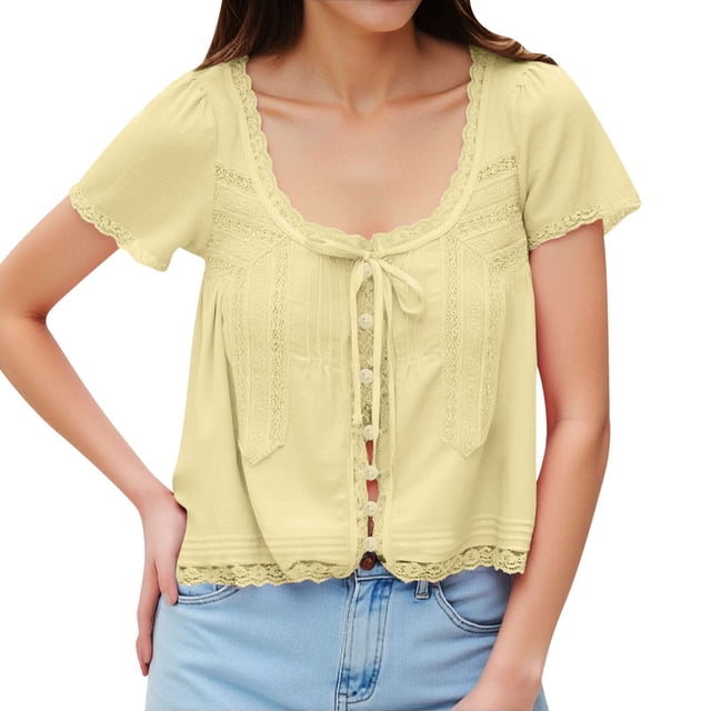 Camiseta de encaje con aberturas para mujer a la moda - Cuello redondo, lazo y manga corta