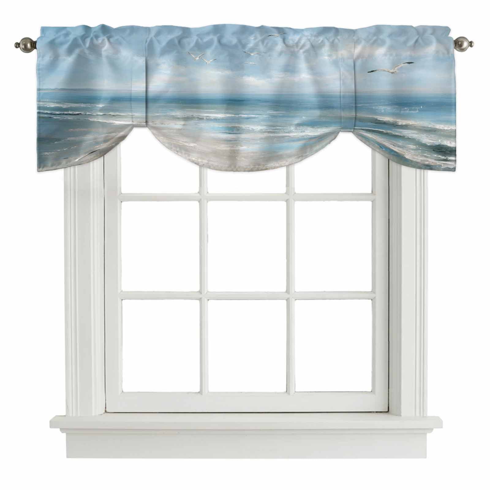 Ocean Tie Up Valances Curtain, Adjustable Kitchen Summer Beach Seagull Oil Painting Coastal Valances for Windows Decor, Rod Pocket Short Curtains Set for Bedroom/Bathroom, 60"x18"