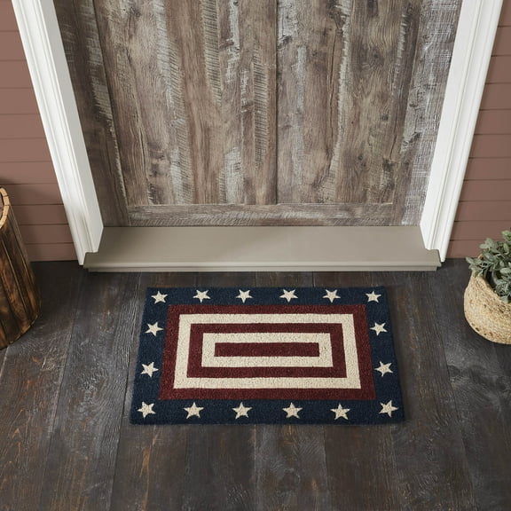 VHC Brands Coir Welcome Door Mat, Entry Rug, with PVC Backing, for Indoor Outdoor Use, My Country Collection, Rectangle 20x30 Doormat, Patriotic Stars and Stripes, Merlot