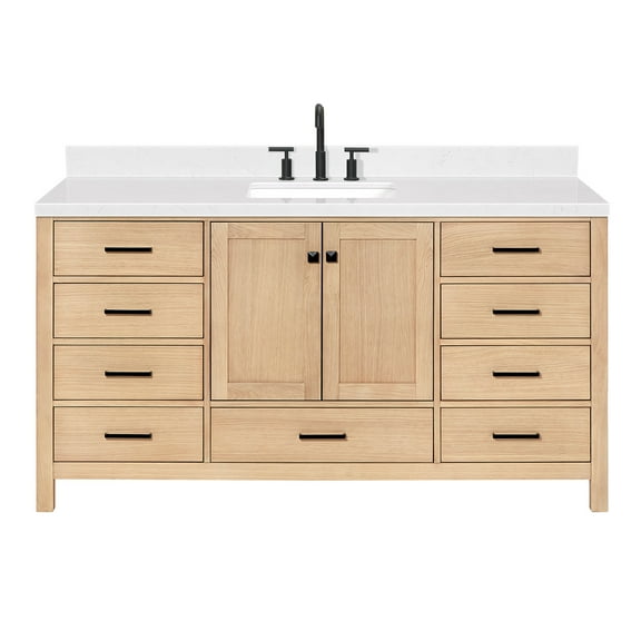 ARIEL CAMBRIDGE 66 Inch Single Rectangular Sink Bathroom Vanity With Carrara White Quartz Countertop 1.5 Inch Edge In Oak