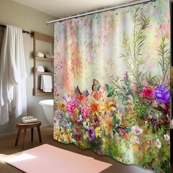 Floral Shower Curtain Colorful Flower Butterfly Spring Summer Bathroom Decor, Waterproof Cloth Fabric with Hooks-72"W x 72"L (Pack of 1)