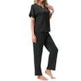 thumbnail image 4 of INSPIRE CHIC Womens Satin Pajamas Silky Short Sleeve V Neck Shirt with Long Pant Soft Loungewear Pjs Set S Black, 4 of 6