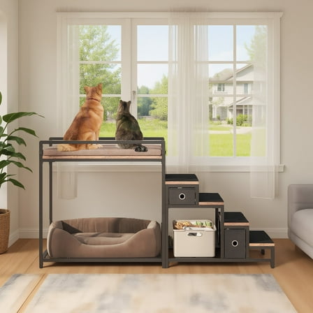 Dog Window Perch with Steps, Dog Bunk Bed Cat Windows Perch with Couch and 2 Fabric Drawer, Pet Bed and Pet Srairs Sets, Indoor Pet Furniture, Black
