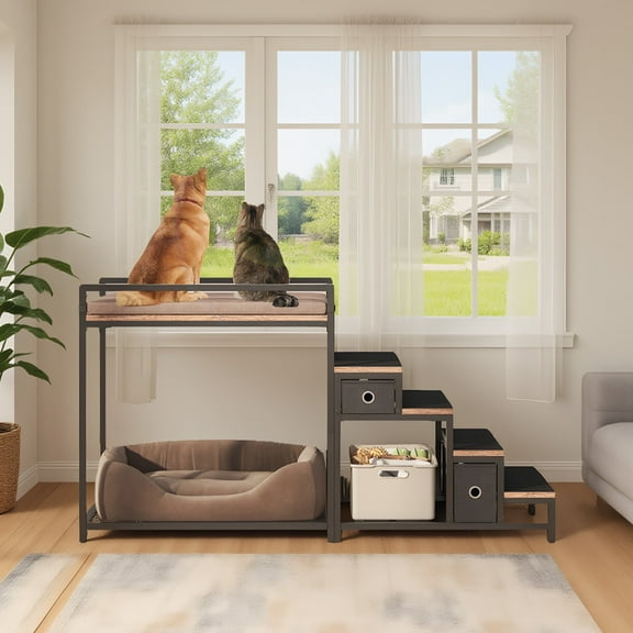 Dog Window Perch with Steps, Dog Bunk Bed Cat Windows Perch with Couch and 2 Fabric Drawer, Pet Bed and Pet Srairs Sets, Indoor Pet Furniture, Black