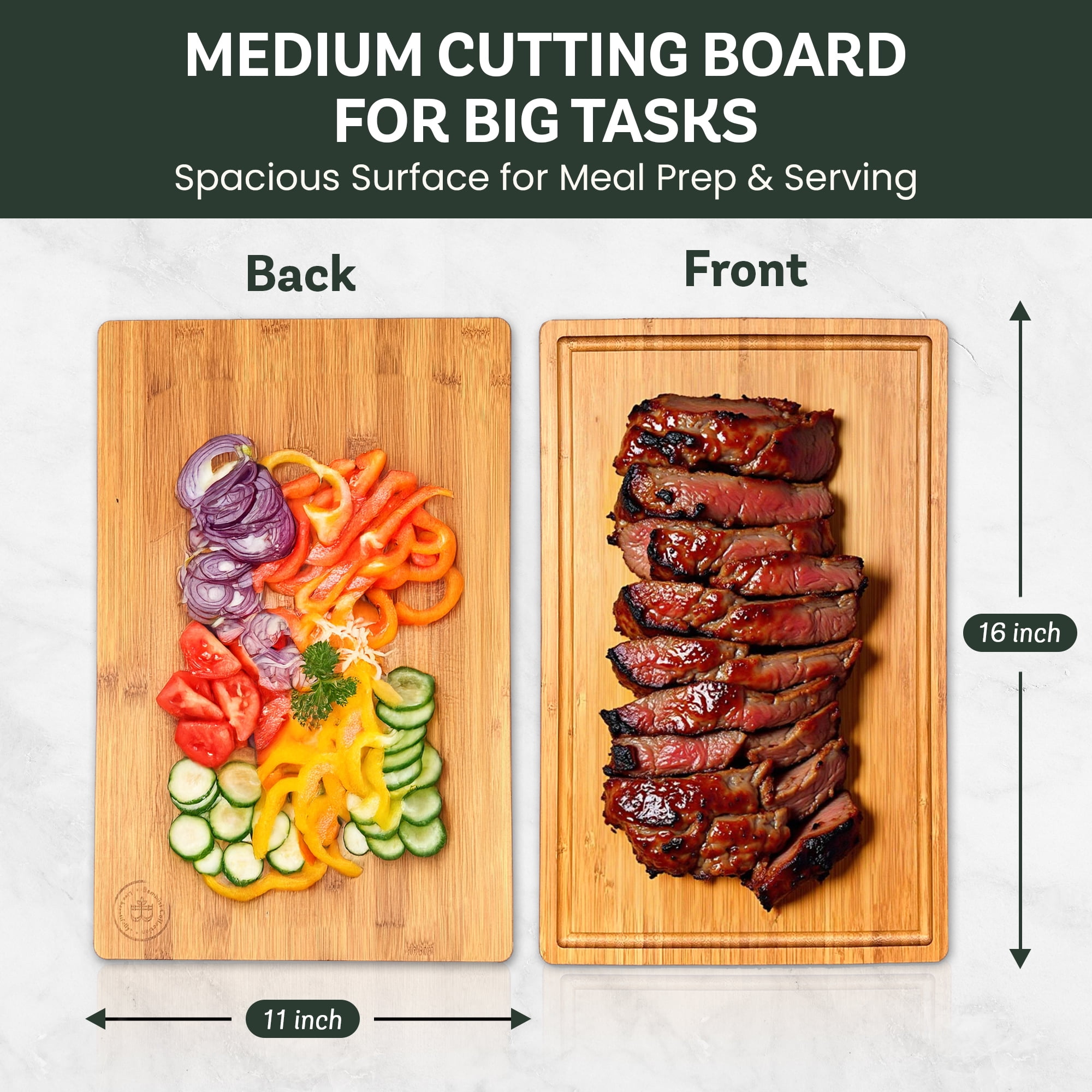 Large Bamboo Cutting Board – Wooden Butcher Block Chopping Board with Side Handles, Cutting Board for Kitchen Meal Prep ( 16" x 11" x 1")