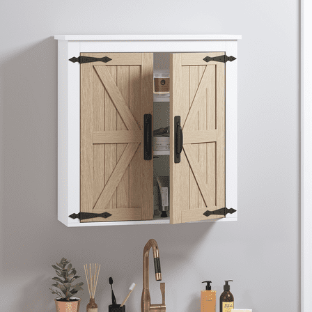 STAROUS Farmhouse Bathroom Wall Cabinet with Barn Doors, Over-The-Toilet Storage Organizer