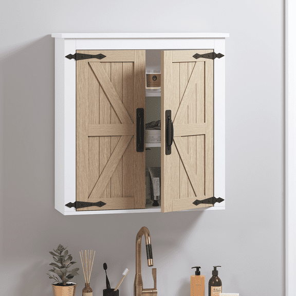 STAROUS Farmhouse Bathroom Wall Cabinet with Barn Doors, Over-The-Toilet Storage Organizer