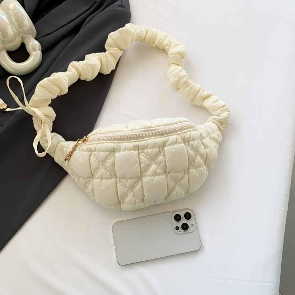 CAILDANL Quilted Crossbody Sling Bag Puffer Crossbody Fanny Pack Waist Bag Nylon Puffy Shoulder Bag Quilted Padding Crossbody Purse for Women