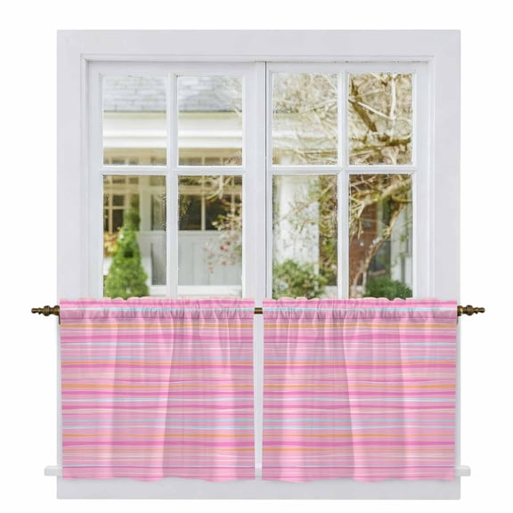 Pink Orange Blue Stripe Tier Curtains, Modern Abstract Art Striped Farmhouse Light Filtering Kitchen Curtains, 2Pcs Rod Pocket Half Window Treatments Panels for Sink Cafe Cabinet Camper 27.5x36In