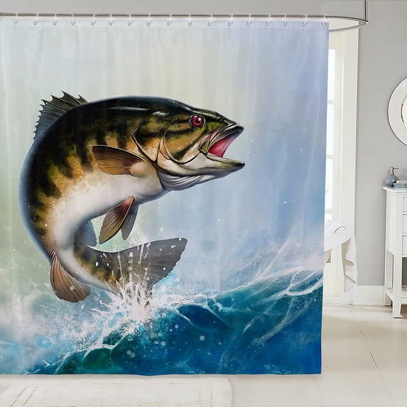 Bass Fish Shower Curtain Kids Big Pike Fishing Fabric Bathroom Shower Curtain Set Boys Men Fishing Lover Hunting Bath Curtain Waterproof Nature Bathroom Accessories 72"x84"