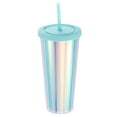 thumbnail image 1 of Vaso de acrílico con tapa y popote, tazas de doble pared aisladas de 24 Oz, vasos de viaje iridiscentes para fiestas (Azul), 1 of 6