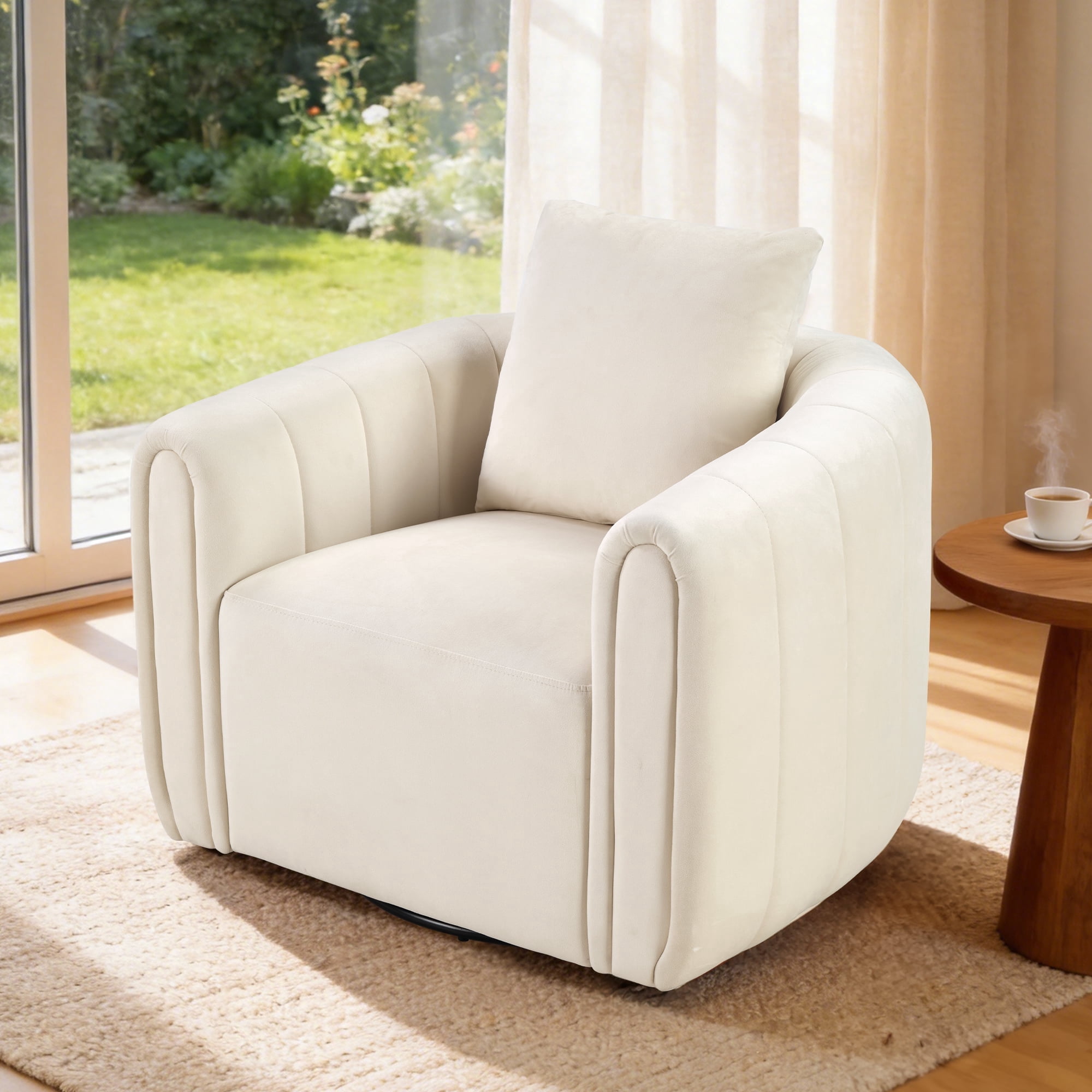 Ebello Swivel Accent Chair, Modern Velvet Living Room Chair with Pillow, Barrel Chair for Bedroom & Reading Corner (Beige,1 Pack，Fully Assembled )