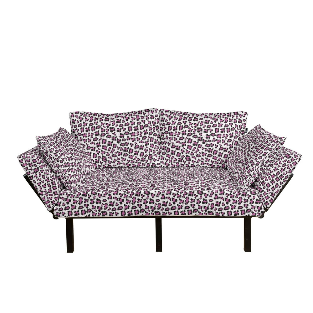 Leopard Print Futon Couch, Pink and Black Colored Girlish Pattern