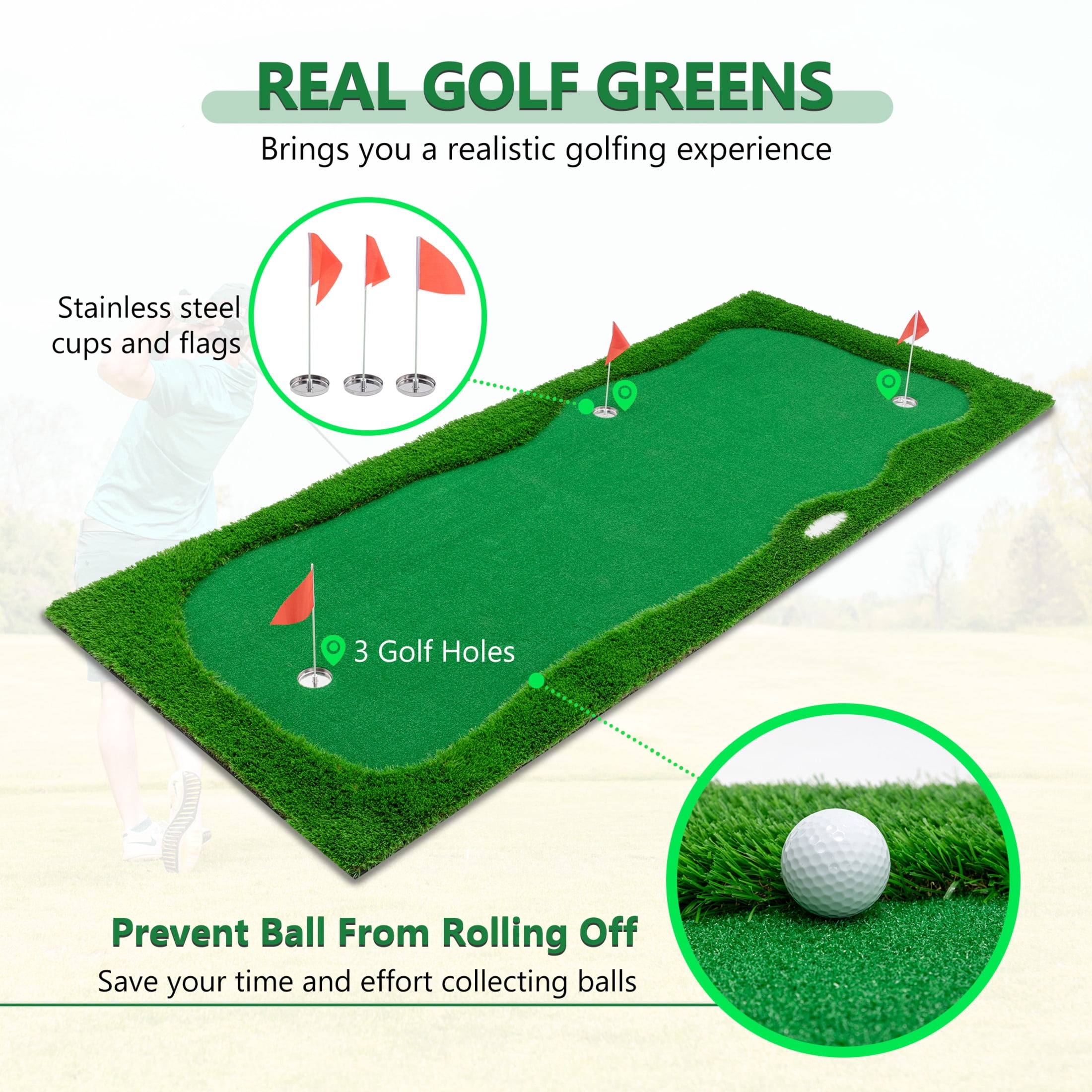 Noble House 12x5 FT Professional Golf Putting Mat with Hole Cups and Non-Slip Rubber Base, Indoor Outdoor Use, Green